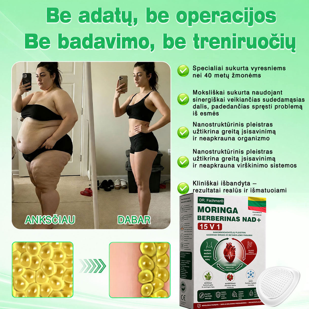 🌻 DR.Fachmer® 15 viename nanomikroadatinis pleistras su moringa, berberinu ir NAD+ | Naujos kartos kūno priežiūra su pažangia nano formule 🌻