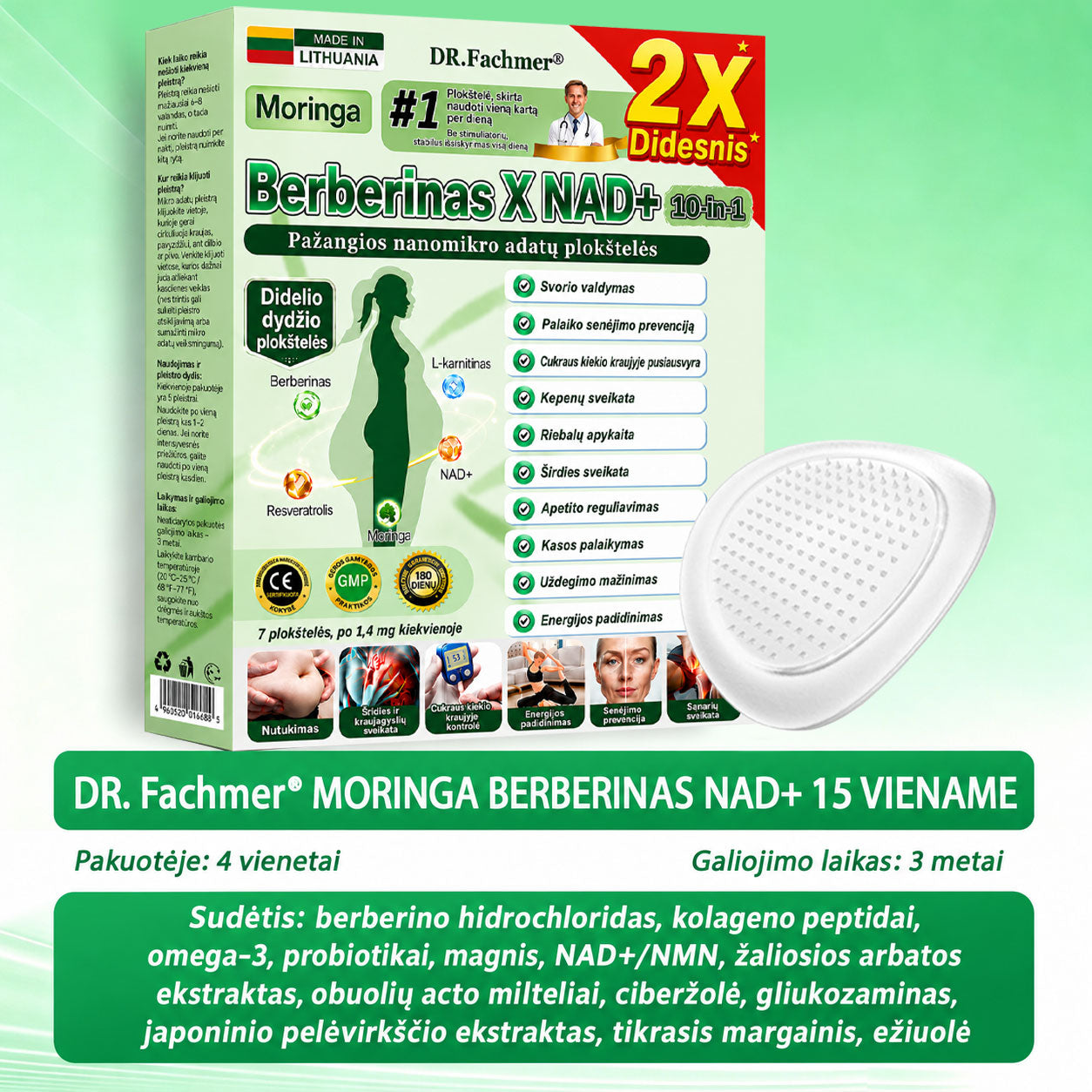 ✨ DR.Fachmer® 15 viename nanomikroadatinis pleistras su moringa, berberinu ir NAD+ | Naujos kartos kūno priežiūra su pažangia nano formule ✨