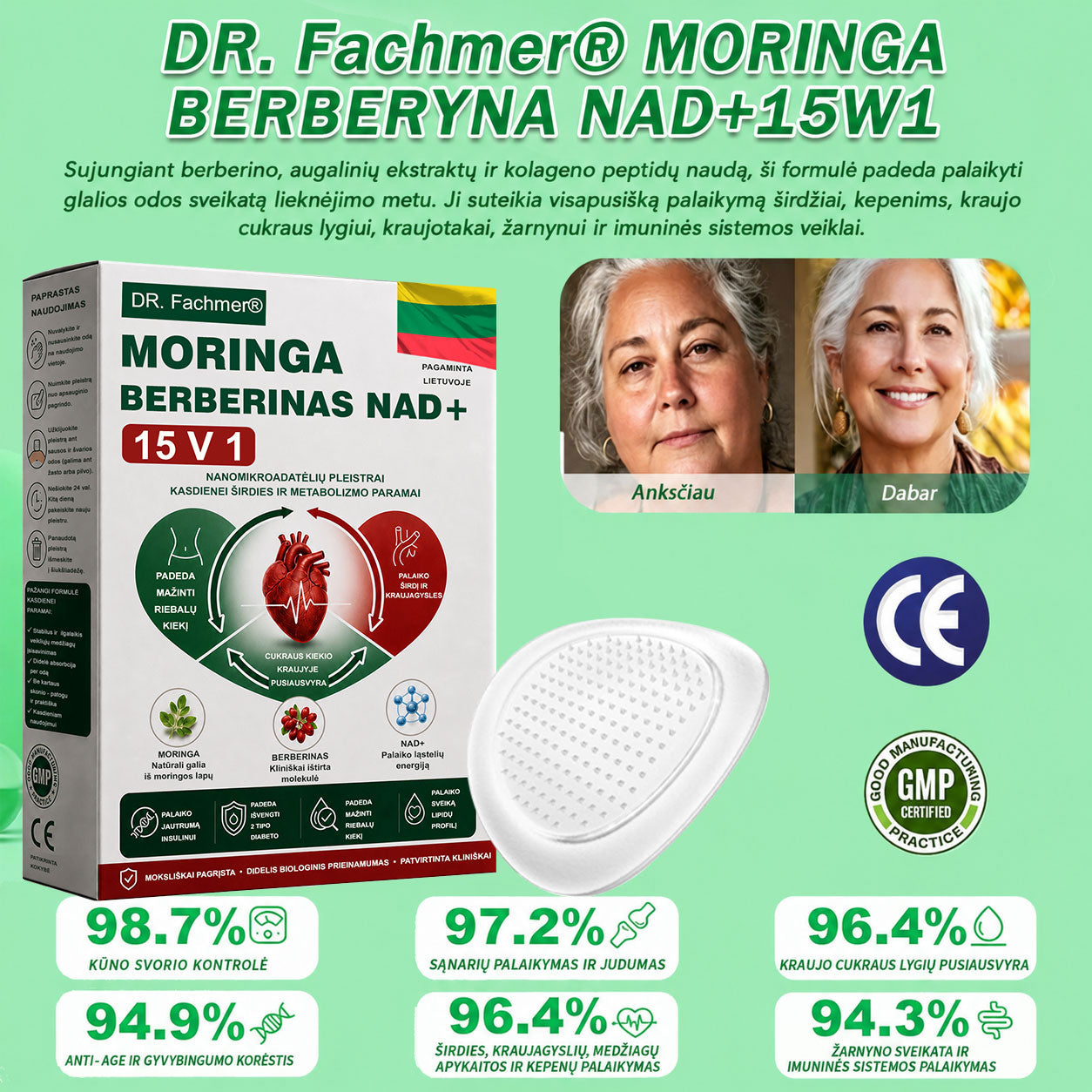 🌻 DR.Fachmer® 15 viename nanomikroadatinis pleistras su moringa, berberinu ir NAD+ | Naujos kartos kūno priežiūra su pažangia nano formule 🌻