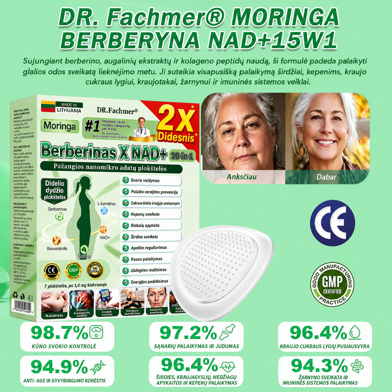✨ DR.Fachmer® 15 viename nanomikroadatinis pleistras su moringa, berberinu ir NAD+ | Naujos kartos kūno priežiūra su pažangia nano formule ✨